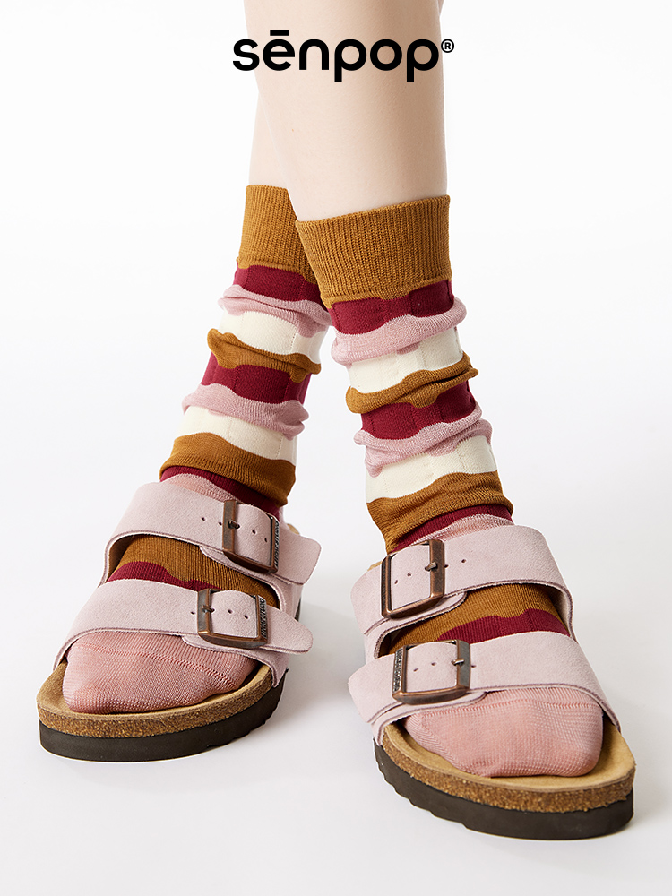 上森彩色条纹袜子秋冬保暖个性中筒袜乐福鞋堆堆袜长筒丝袜女短袜