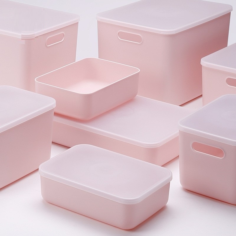 日式珊瑚粉化妆品桌面收纳盒防尘塑料带盖护肤品整理盒衣物收纳箱