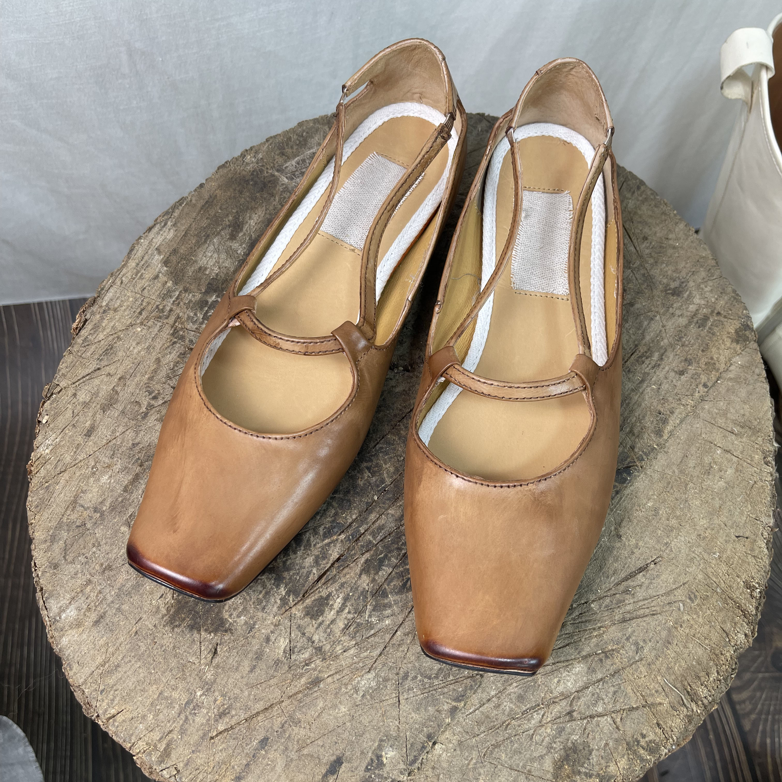 芭蕾鞋mystique手工鞋棕色做旧新中式方头平底胎牛皮国风vintage