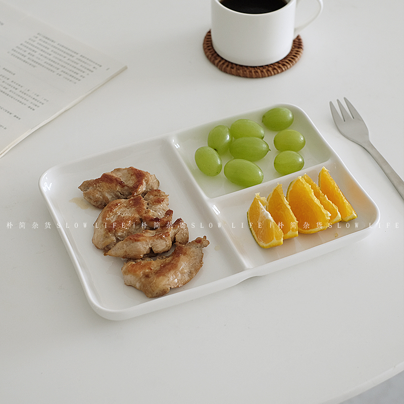 朴简杂货 日式白色陶瓷分格餐盘减脂餐盘分餐盘三格盘子8576