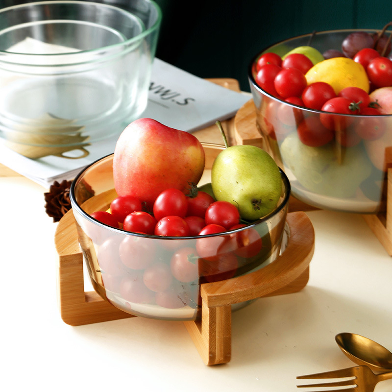 新款 篮北欧竹木底座玻璃盘客厅沙拉碗家用零食盘简约水果碗