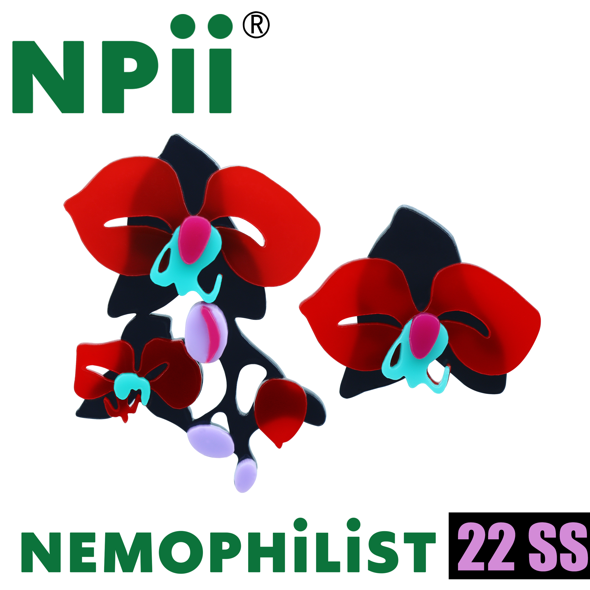 NPii22SS蝴蝶兰耳钉国风元素原创设计亚克力花花春夏红色绿色耳夹