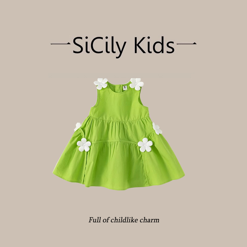远山渐绿的颜色~女童连衣裙夏装新款洋气绿色潮流立体小花公主裙