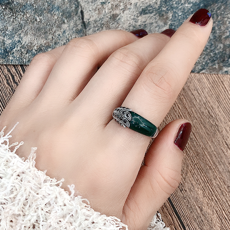 复古欧美食指戒指女时尚人造石头镶钻简约个性银色指环冷淡风气质