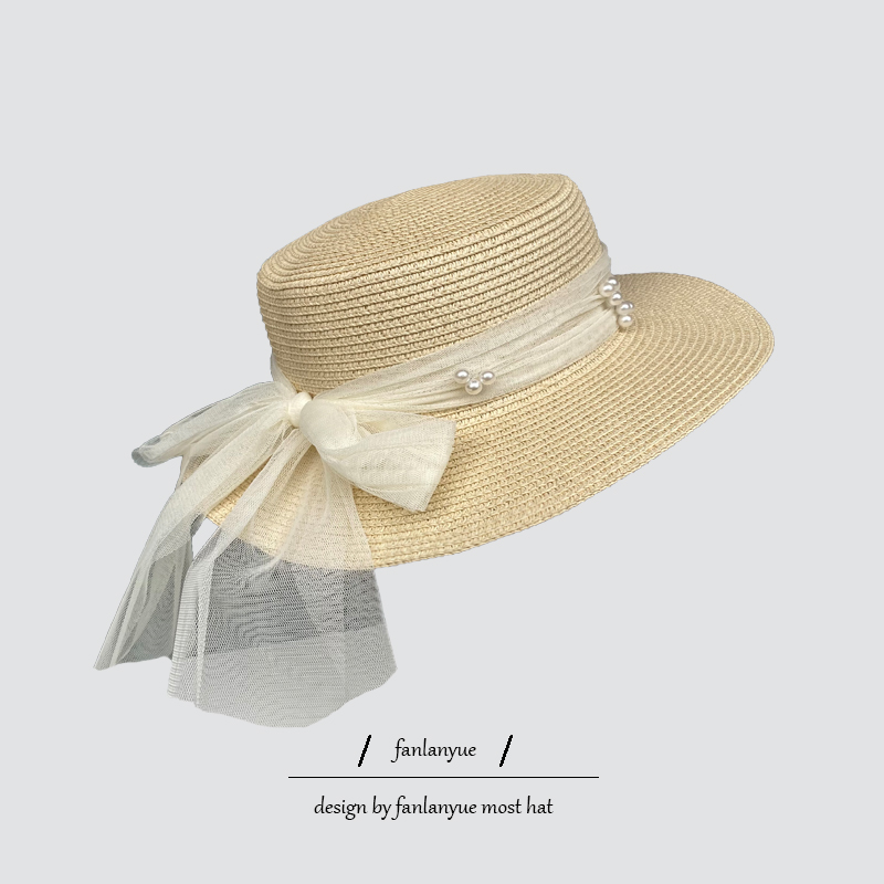 法式小香风草帽女夏季蕾丝珍珠平顶帽海边沙滩旅游度假防晒遮阳帽