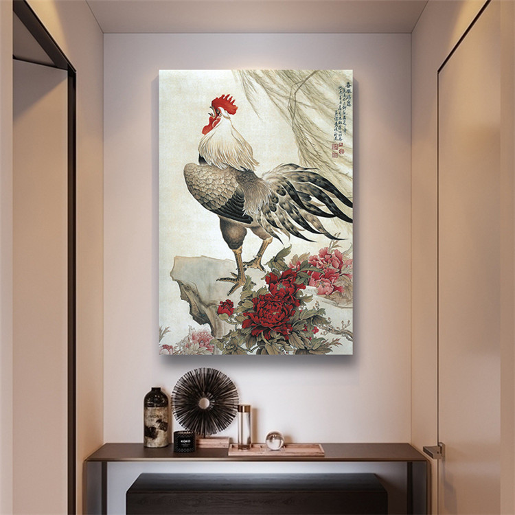 公鸡画鸡图案的画公鸡中式玄关装饰画竖版单幅客厅过道国画竖式