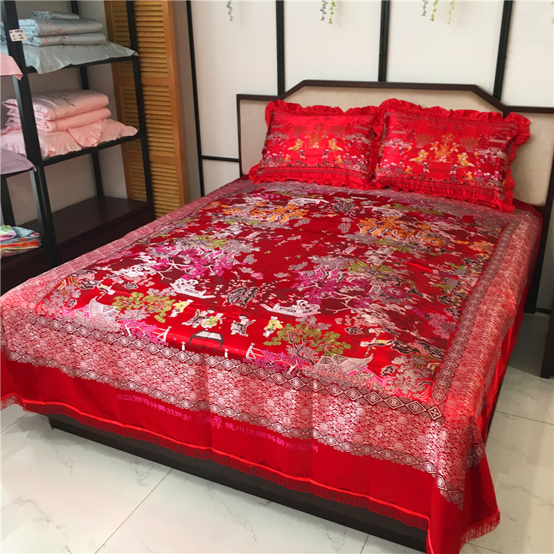结婚百子图床单床罩大红色加厚杭州丝绸缎枕套中国风婚庆用品床盖