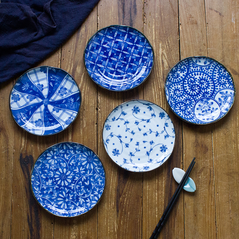 有古窑日本原装进口餐具美浓烧陶瓷日式家用5寸菜盘点心盘子 古染