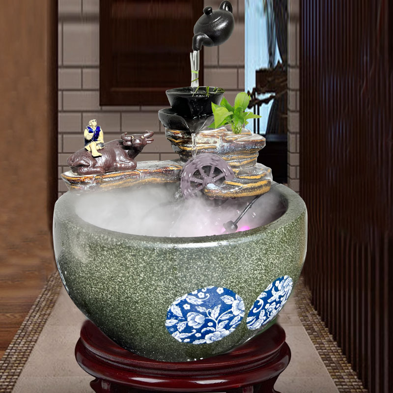 新中式陶瓷风水循环流水摆件客厅创意风车喷泉水景鱼缸雾化加湿器