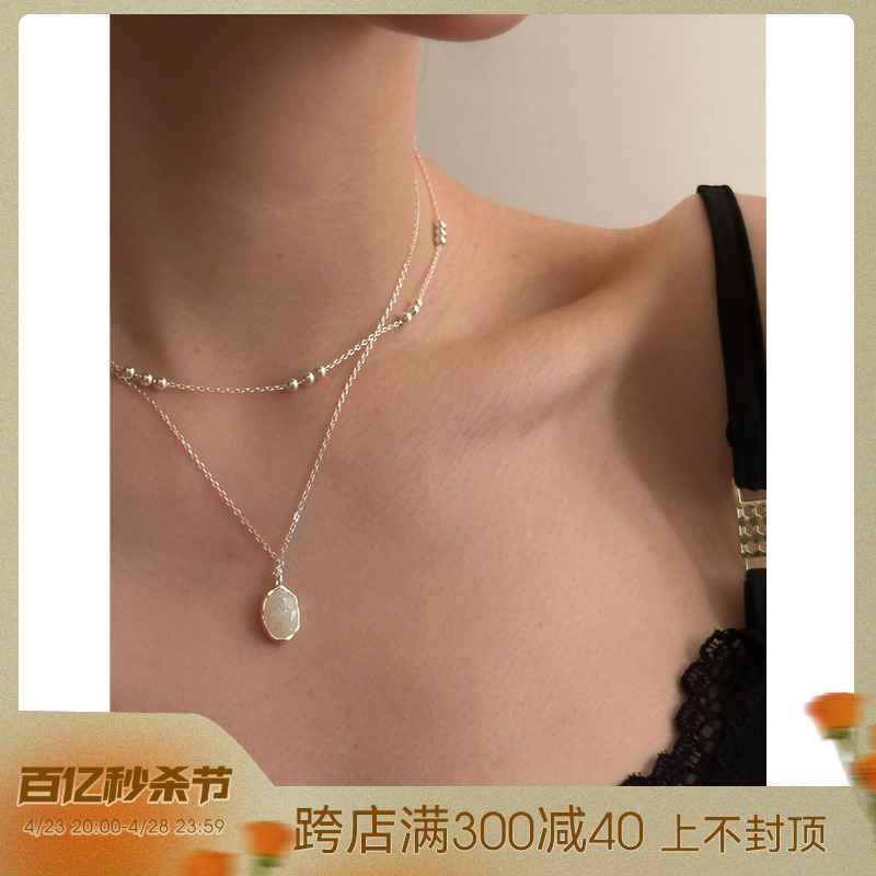 安小柏◆925纯银 韩国小众设计chao美欧泊石叠带项链耳钉女日常款