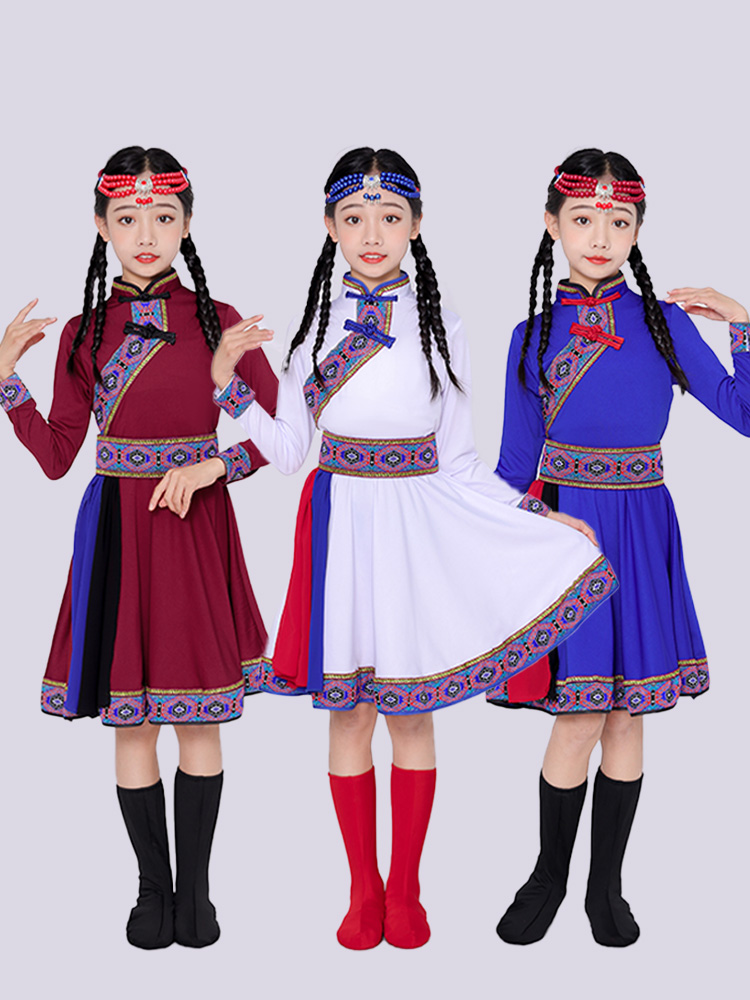 儿童蒙古服族装筷子白马舞演出服顶碗舞民族舞蹈服蒙古袍子大摆裙