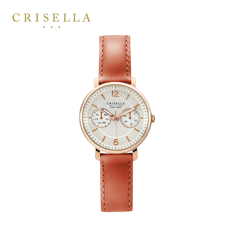 Crisella卡斯丽简约大表盘玫瑰金手表女休闲牛皮表带复古女士腕表