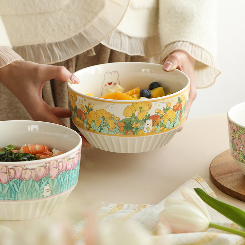 蓝莲花茉茉兔条纹陶瓷吃面碗高颜值家用汤碗卡通餐具创意甜品碗