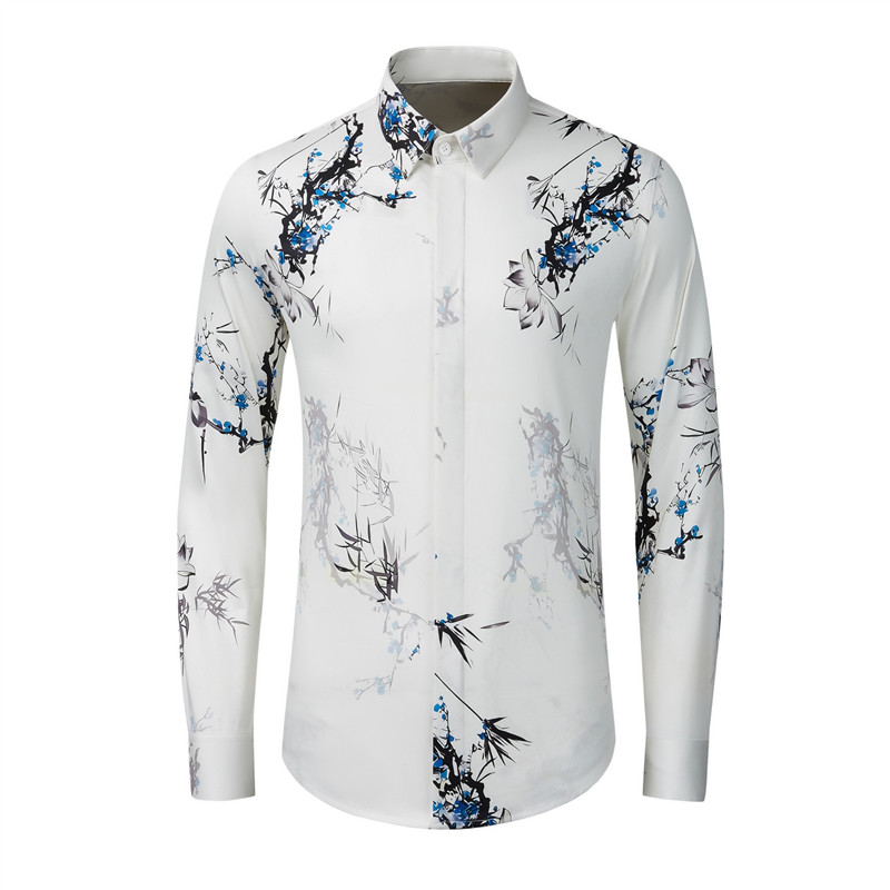 欧美高端男装蓝色花朵竹叶花卉数码印花长袖衬衫全棉时尚修身衬衣