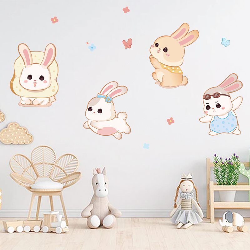 卡通可爱动物墙贴卧室儿童房间装饰兔子贴画防水自粘遮丑补洞贴纸
