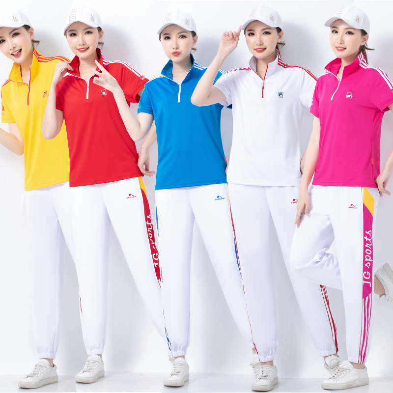 晋冠2020新款夏装南韩丝短袖T恤运动套装女广场舞柔力球团体服