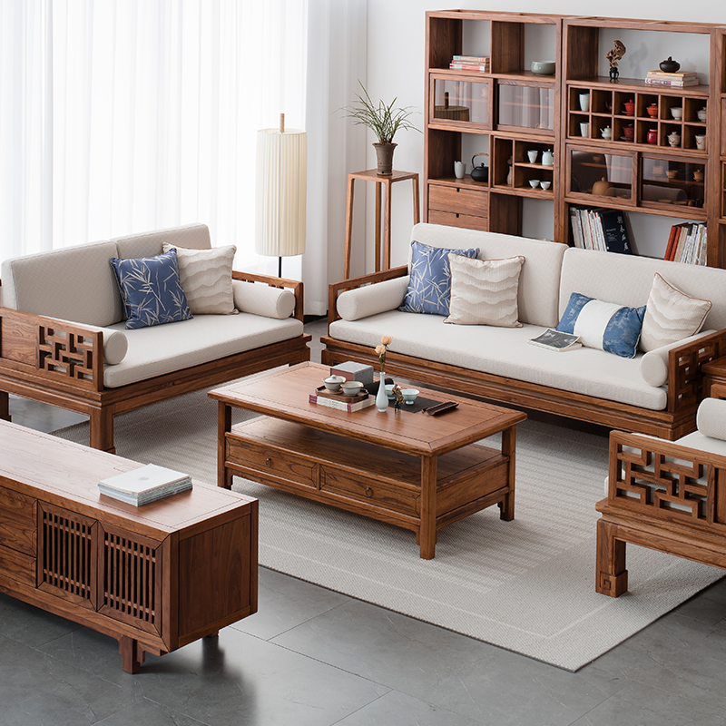 中木工坊新中式沙发沙实木榆木溪禅意布发艺木质茶几式客老厅家具