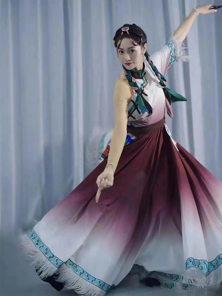逸彩秀定制藏族舞蹈演出服装少数民族女学生艺考练习套装半身长裙