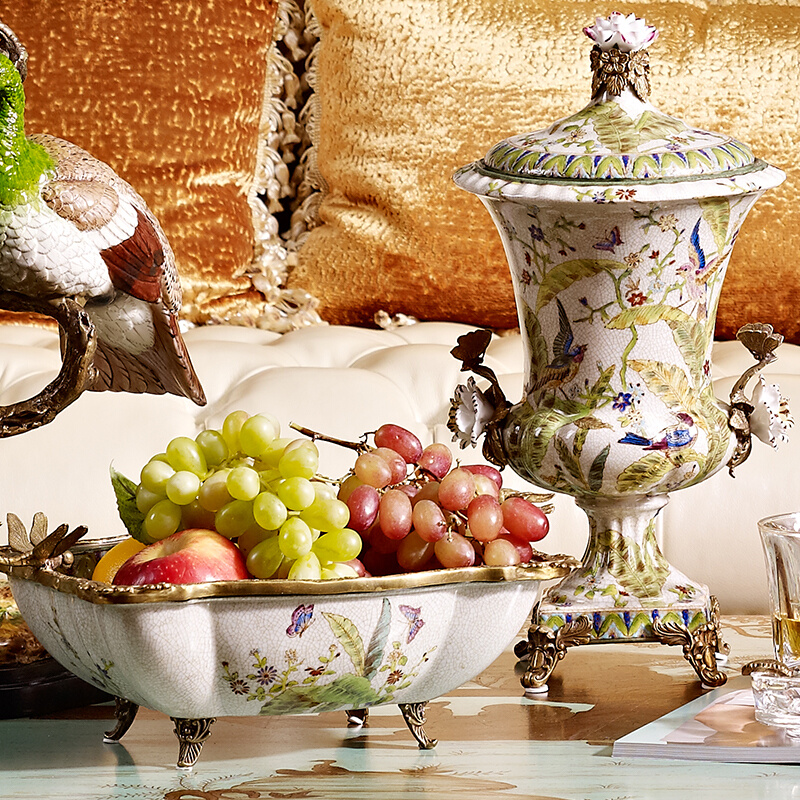 凤凰美居仿古彩绘陶瓷器皿客厅家居装饰品摆件民间带盖欧式装饰盘