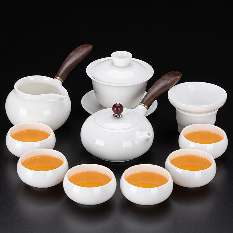 白瓷功夫茶具套装家用德化羊脂玉瓷盖碗侧把茶壶茶杯陶瓷高端用品