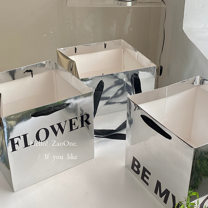礼品袋花束包装袋花店母亲节鲜花diy材料镜面方形花艺礼物手提袋