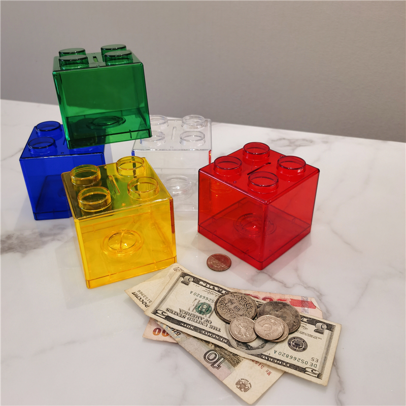可爱积木造型~家居装饰红黄蓝绿透明塑料硬币储蓄罐存钱罐零钱罐