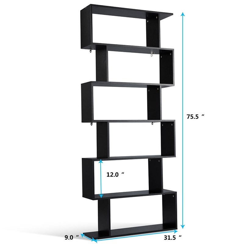 6-Tier Modern S-Shaped Bookcase Z-Shelf Style Storage Booksh
