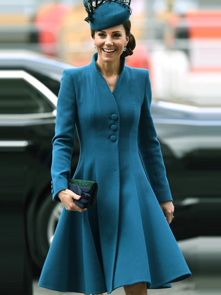 CORA KELLY凯特王妃明星同款秋冬高级感大衣修身中长款蓝色外套