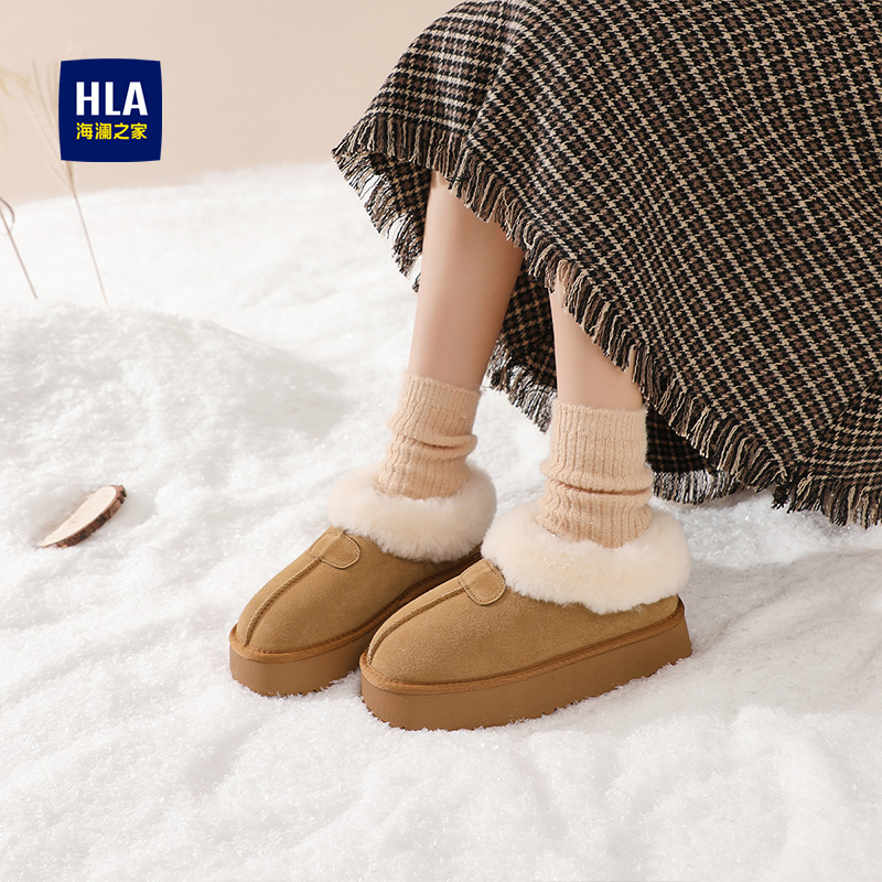 HLA/海澜之家雪地靴女春季新款加绒加厚保暖东北棉鞋可外穿面包鞋