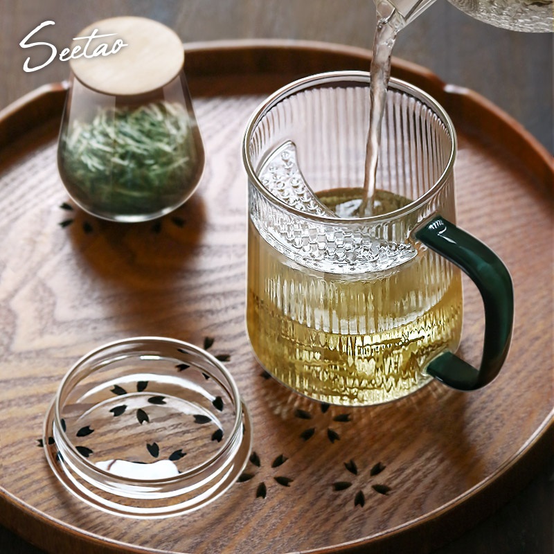 戏陶日式玻璃月牙过滤茶杯家用耐热泡茶杯子办公水杯带盖杯加厚