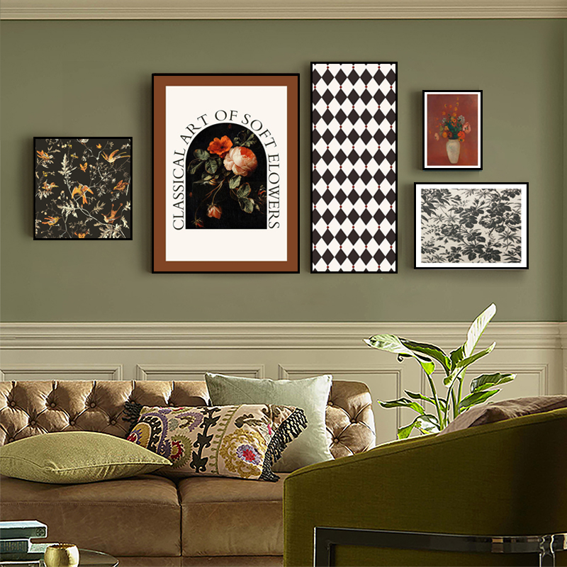 美式客厅装饰画轻奢沙发背景墙挂画小众艺术花卉法式复古组合壁画