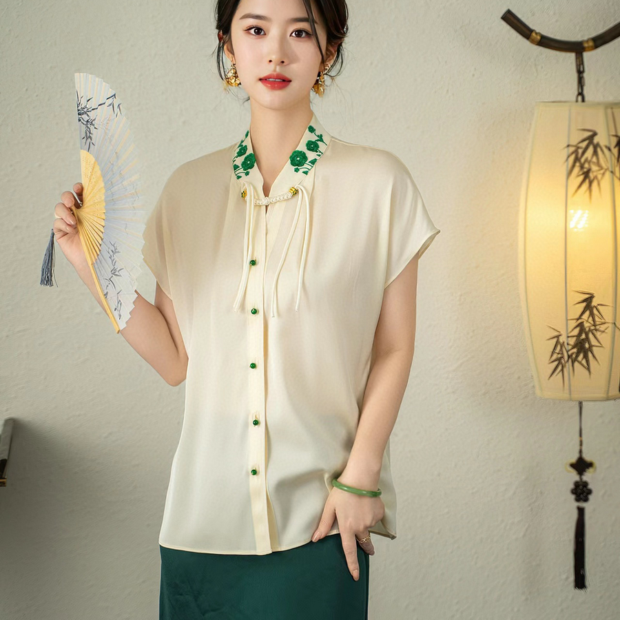 新中式国风盘扣缎面真丝上衣女夏季设计感立领刺绣百搭桑蚕丝衬衣