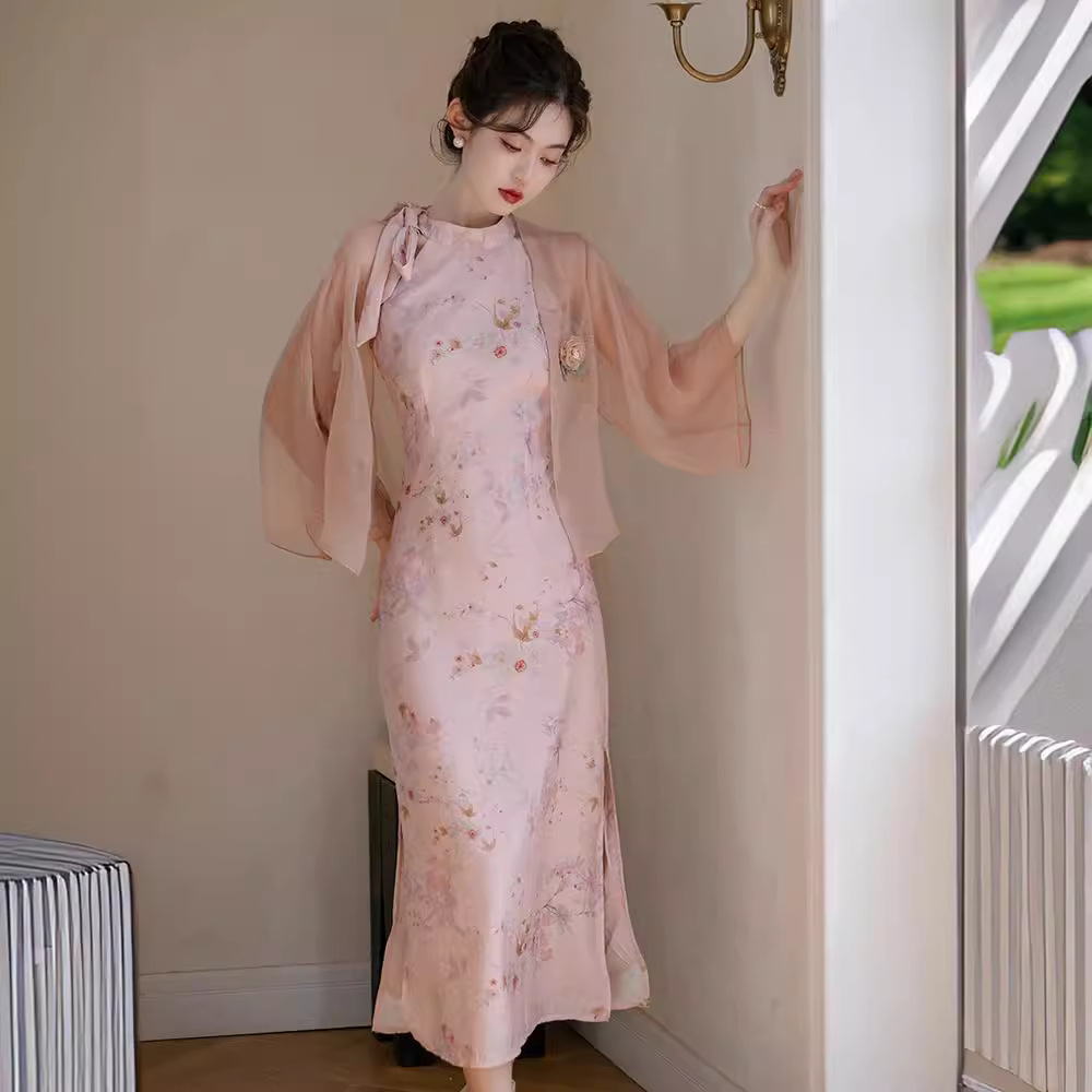 新中式夏季中国风旗袍女装粉色旗袍优雅文艺裙子两件套装