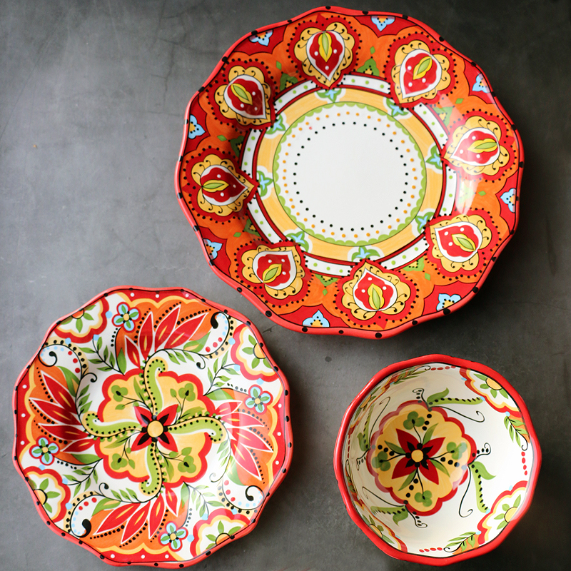 外贸出口欧美手工绘画创意盘子家用餐盘陶瓷餐具红色西班牙风情碗