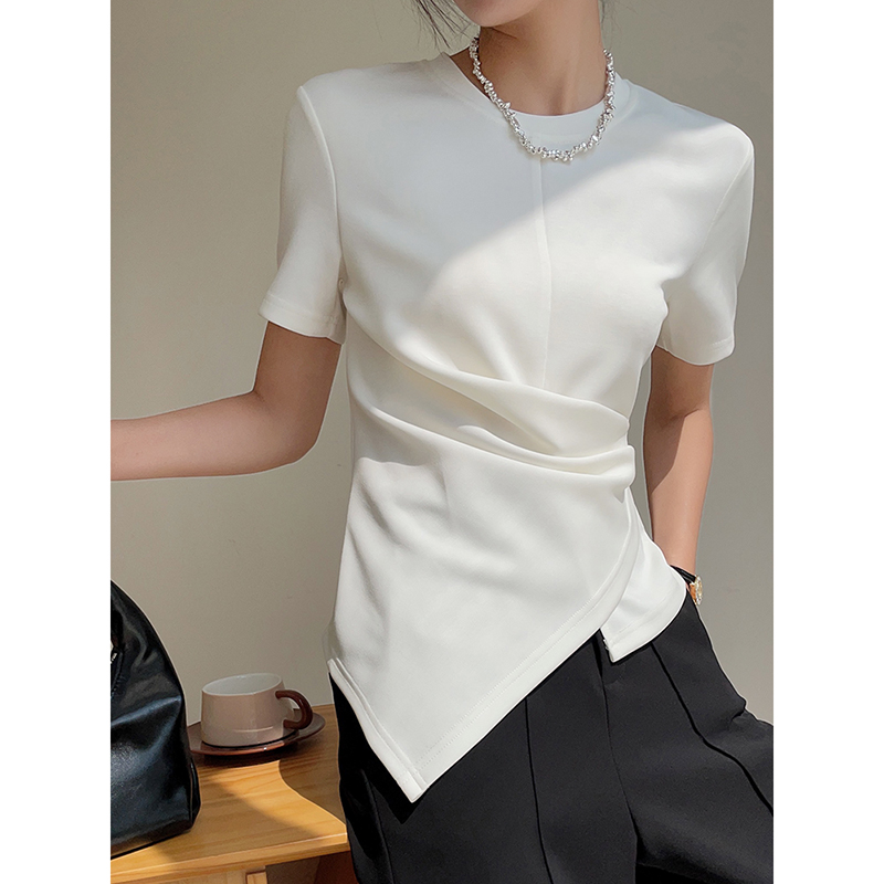 白色法式掐腰不规则短袖T恤女夏季2024新款设计感收腰铜氨丝上衣