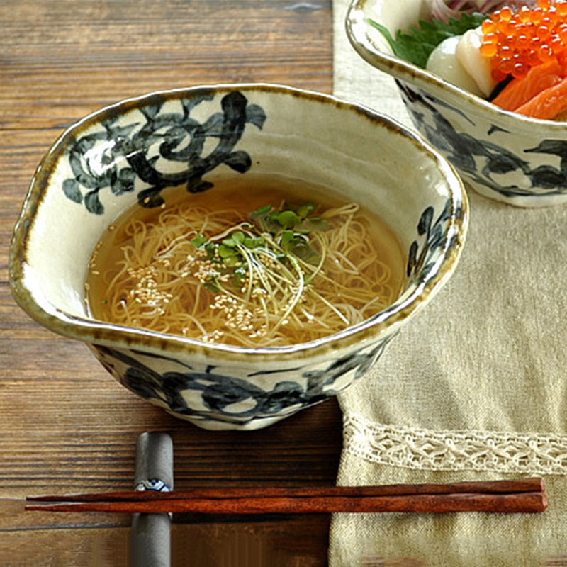 日本原装进口美浓烧日式家用双耳手工复古土陶粗陶碗唐草面甜品碗