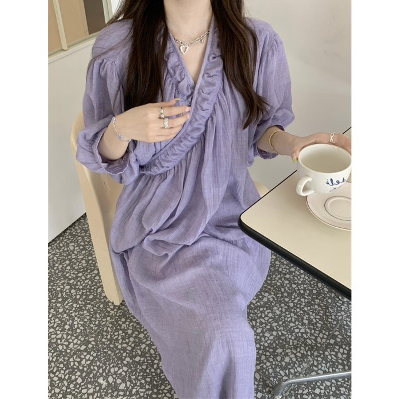 孕妇连衣裙春夏季新款香芋紫V领交叉一片式设计感宽松中长款裙子