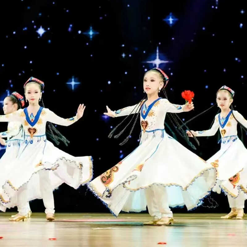 新疆儿童演出服装大摆裙舞蹈维吾尔族古丽米娜服装铃铛舞表演服