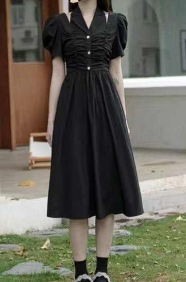 LeeMonsan枺上 设计感法式小黑裙高腰显瘦挂脖连衣裙 XS/S/M码