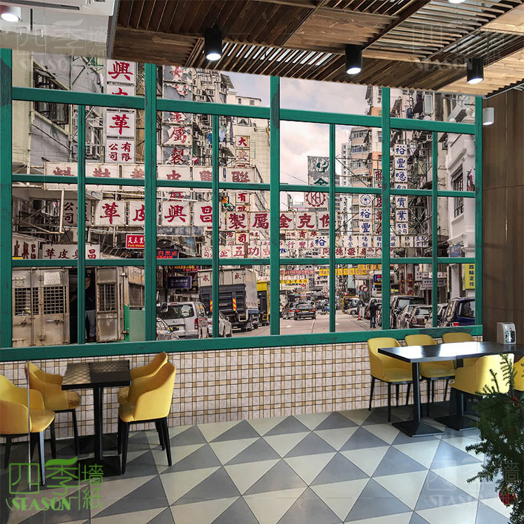 港风复古壁纸奶茶店茶餐厅80年代怀旧街景港式棋牌室饭店专用墙纸
