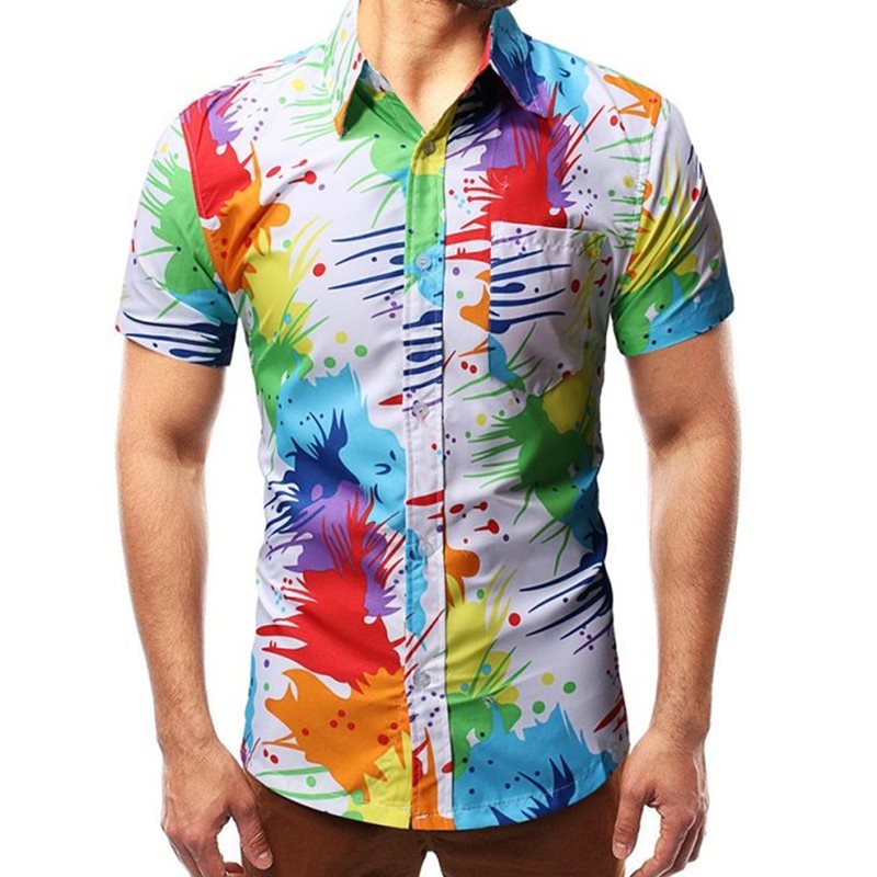 外贸男装2020夏新款休闲时尚男士衬衣不规则彩色印花沙滩短袖衬衫