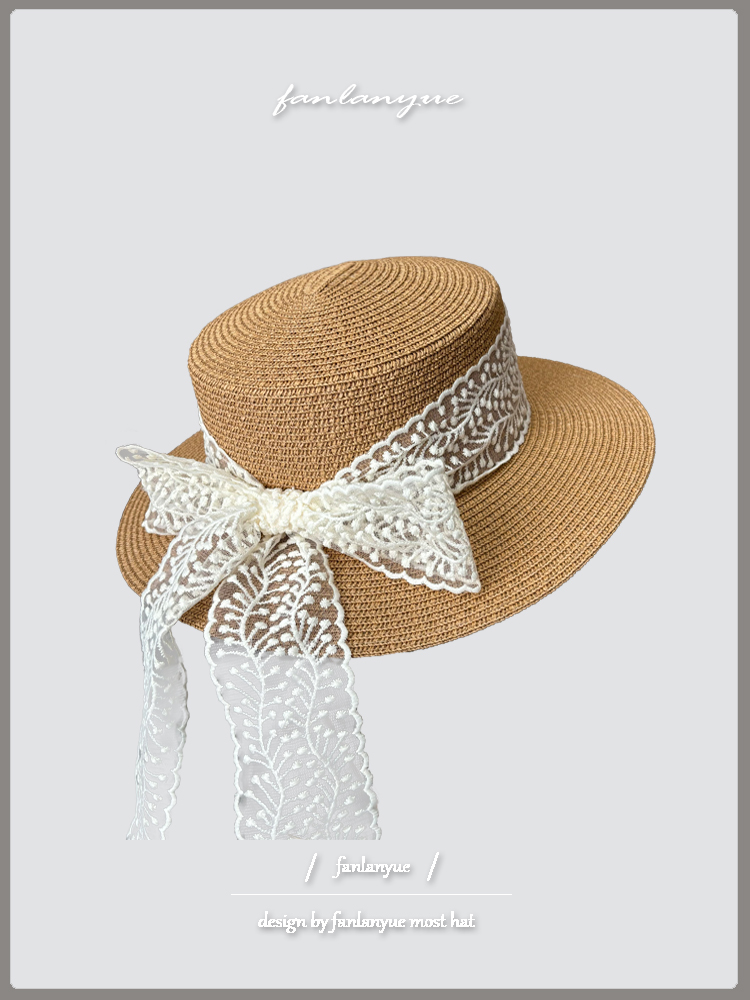 草帽女生夏季蕾丝甜美可爱平顶帽海边沙滩旅游度假遮阳防晒太阳帽