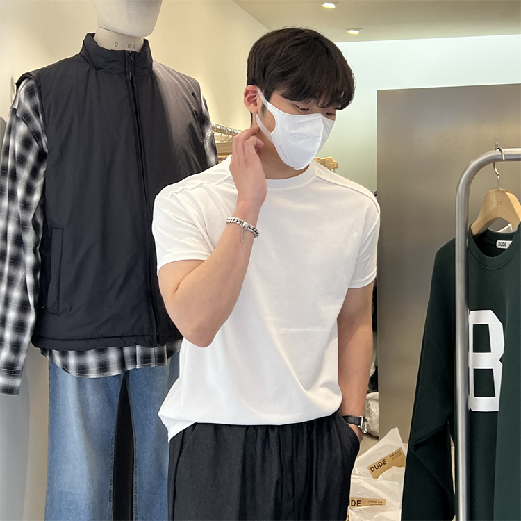 韩国男装代购直播MILLER高品精工拼接肩线纯色打底衫休闲短袖T恤