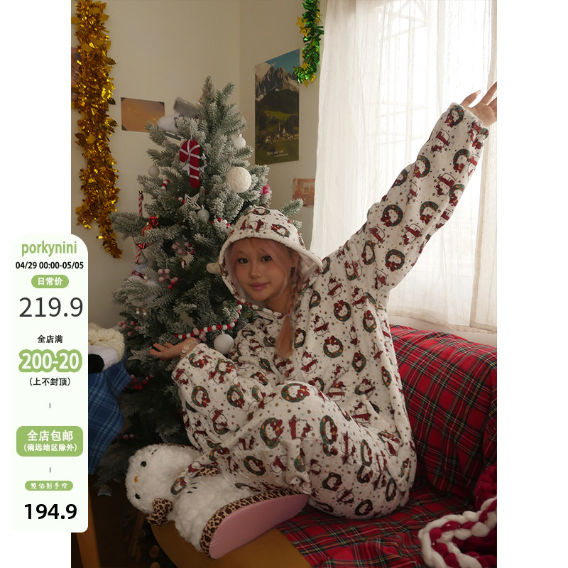 nini自制新年圣诞节KT主题家居服冬季新款毛绒绒保暖睡衣套装