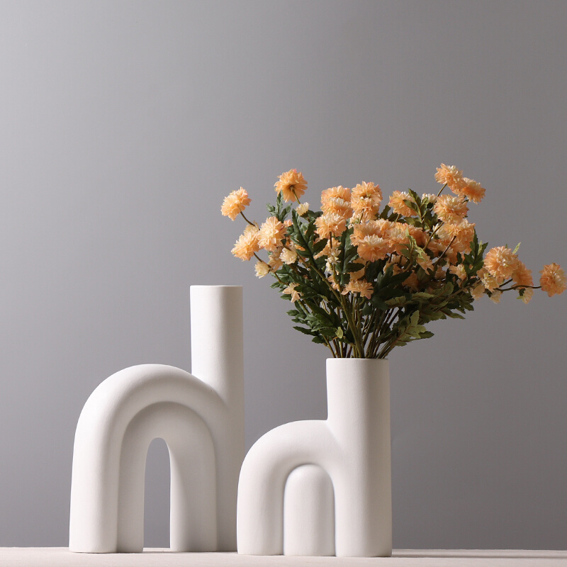 北欧H形陶瓷花瓶 样板间酒店白色磨砂创意插花摆件现代简约装饰品
