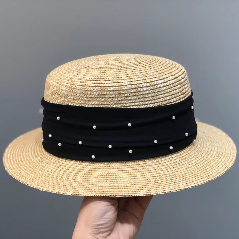 高端夏季女英伦气质街拍时尚精品细麦杆草帽子平顶礼帽防晒遮阳帽