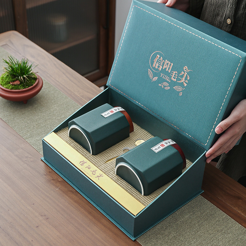 均能手造 高档信阳毛尖茶叶包装盒空礼盒 绿茶半斤装茶叶罐陶瓷罐
