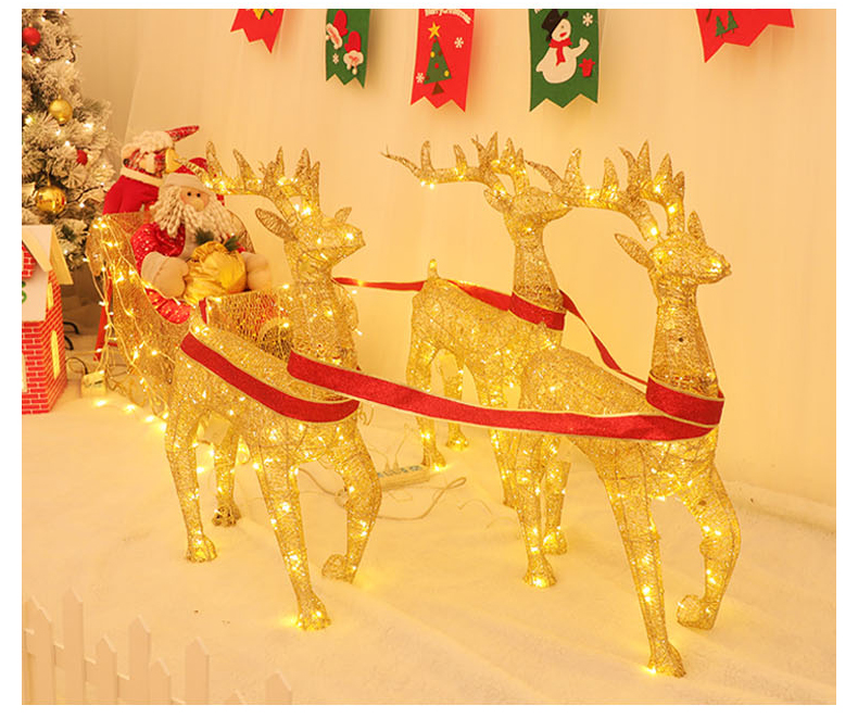 圣诞鹿圣诞节日装饰品场景布置铁艺发光鹿拉车大型豪华LED灯摆件