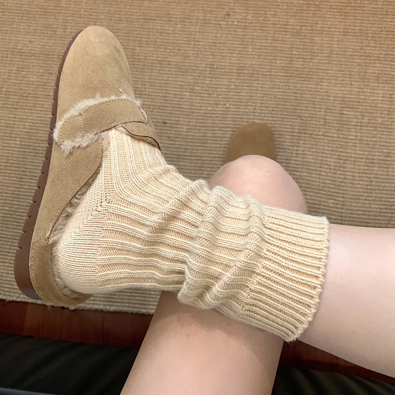 勃肯鞋袜子女秋冬粗线堆堆袜纯棉针织毛线中筒袜配雪地靴白色长袜