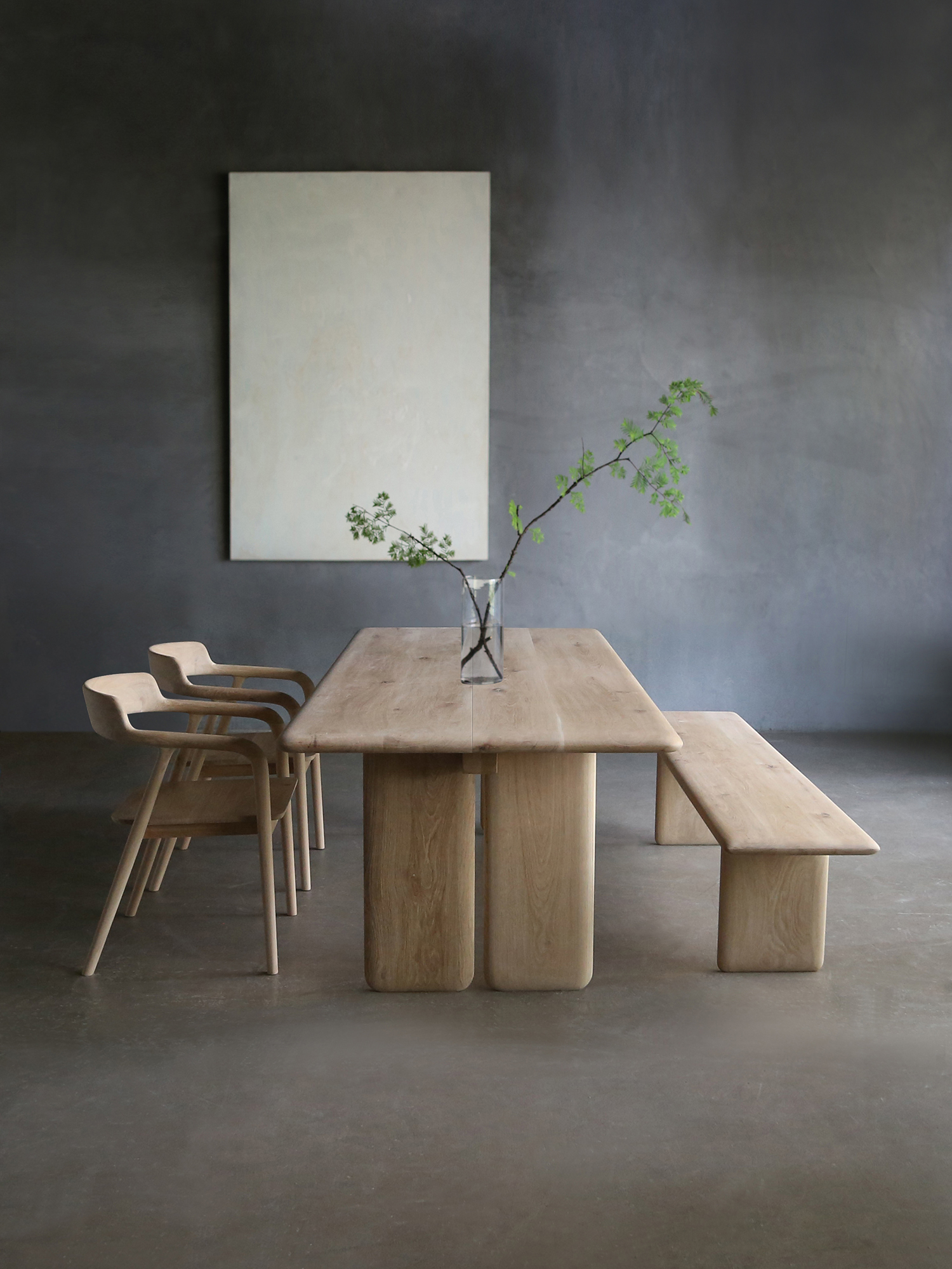 朴室现代侘寂风简约北欧法国白橡木原木实木长形餐桌长凳椅套装